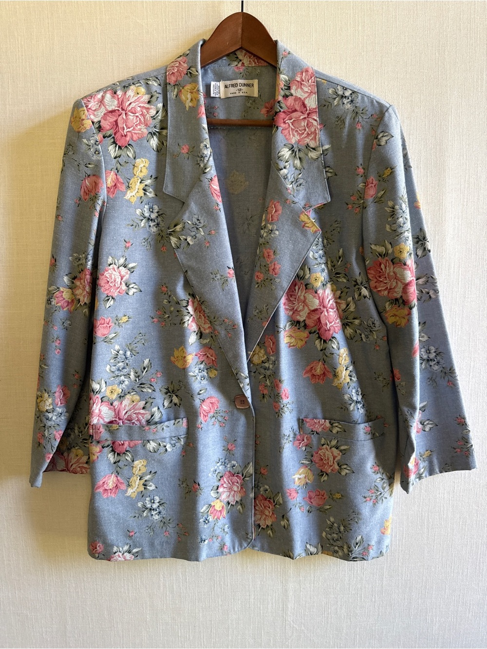 Vintage Alfred Dunner Blue Pink Rose Floral Blazer Size 12 USA